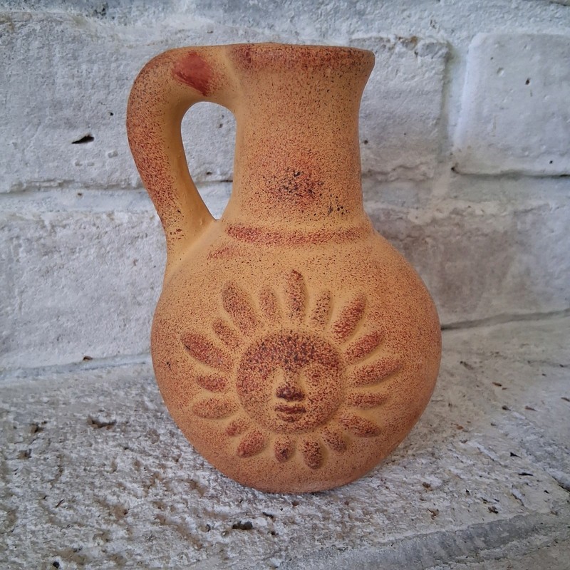 Vintage Terracotta Pottery Sun Face Pitcher Vase Rustic Southwestern Decor 5.5″