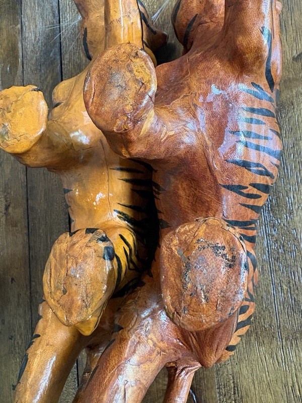 Vintage Tiger Sculptures Pair Papier Mache Leather Wrapped Folk Art gallery