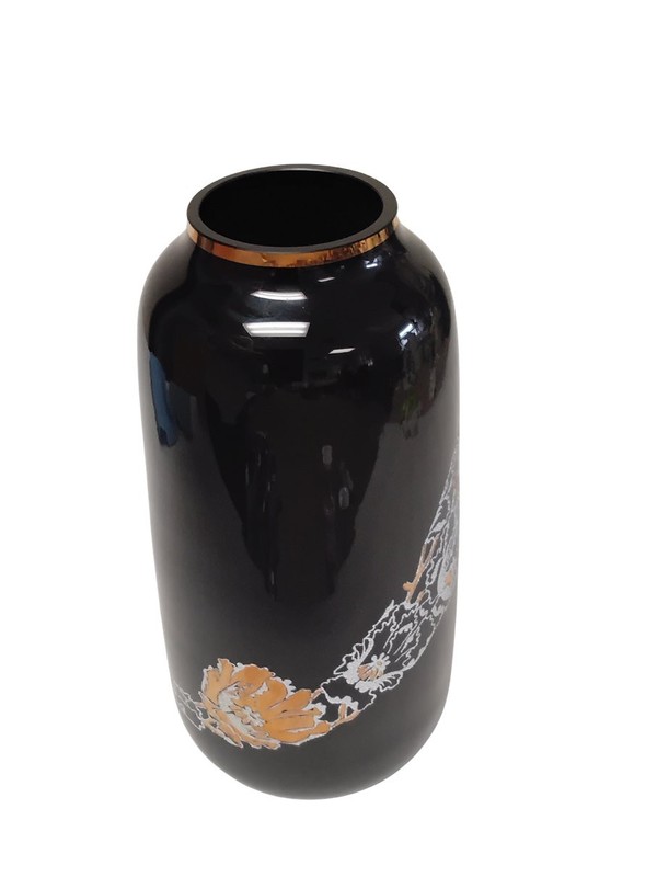 Luxurious Bohemian Black Flower Vase, 24k Gold-Plated, 1lb 8oz, H11 x W6, Czech gallery