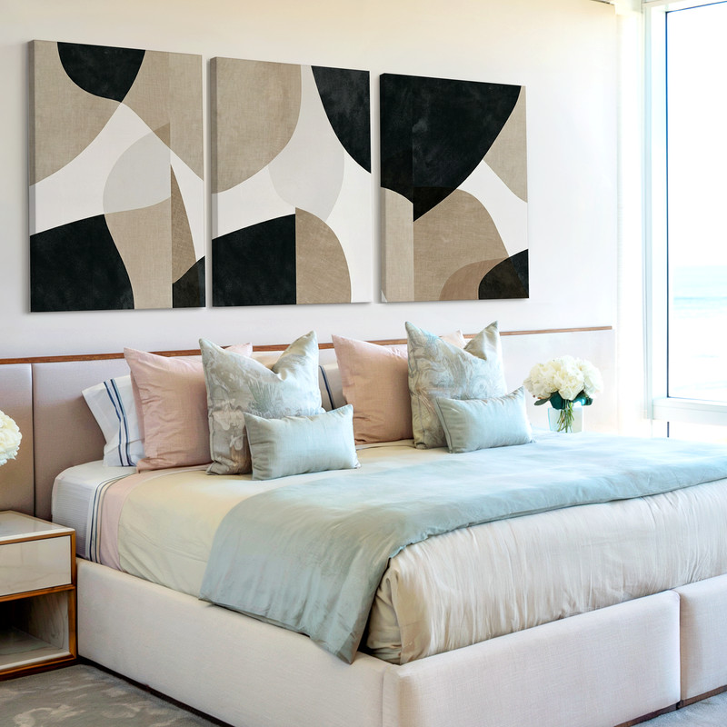 3 Pieces Abstract Geometric Neutral Beige Large Wall Art for Living Set Of 3 gallery