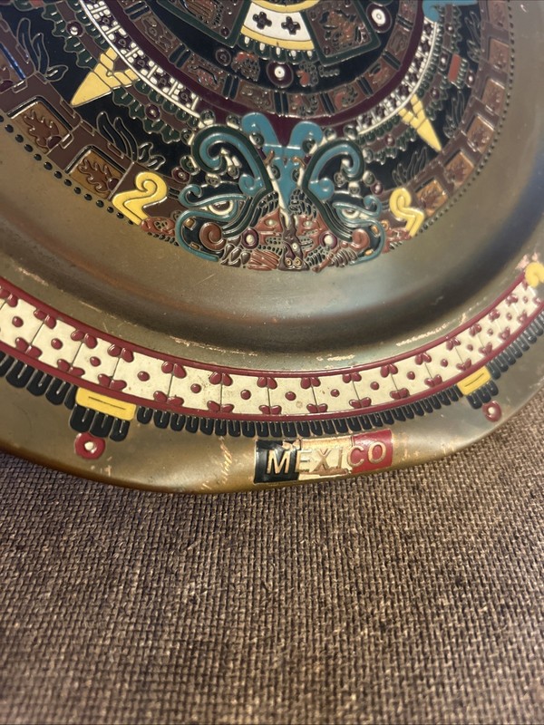 Vintage Brass Aztec Sun Stone Calendar Wall Plate Enamel Hand Painted 11” Mexico gallery