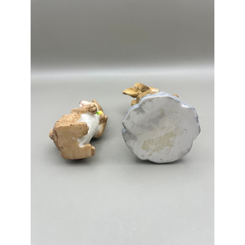 Vtg Style Resin Bunny Rabbit Figurines Ladybug Wildflower Set of 2 Decor 3.5" gallery