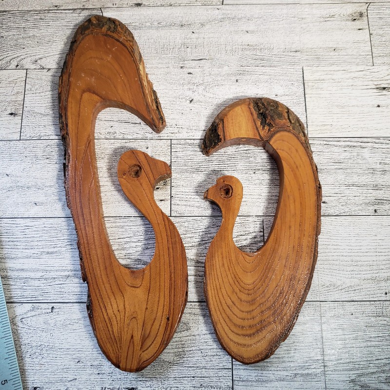 2 Wood Slab Slice Carving Type Birds Roosters Chickens Turkeys ART MCM Retro