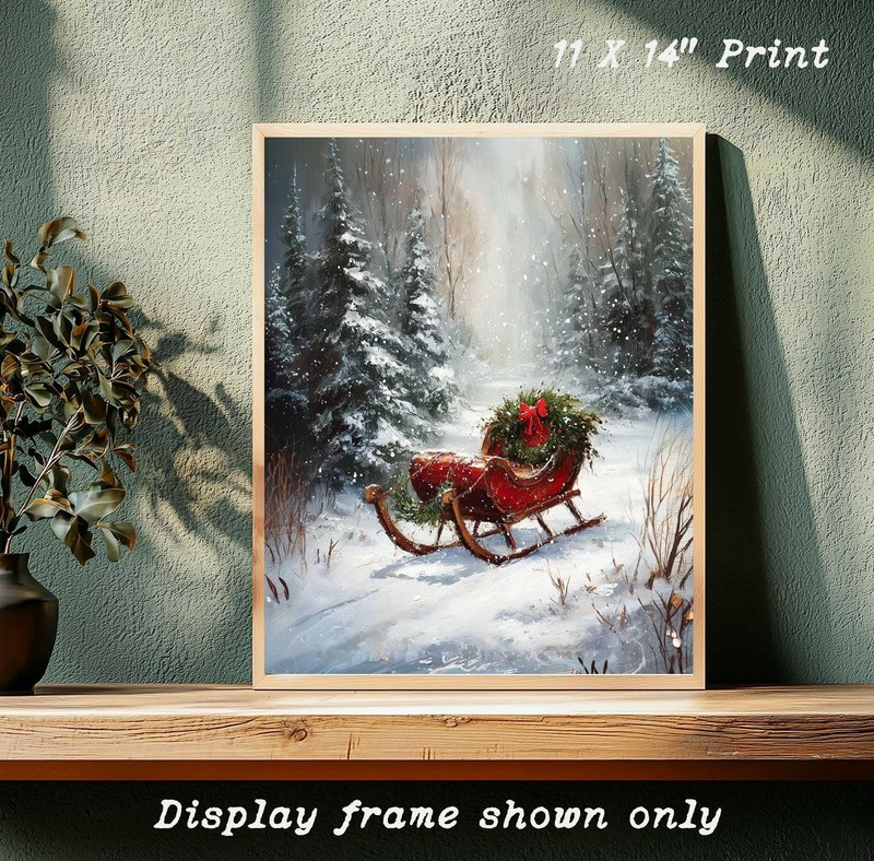 Vintage Christmas Sleigh Wall Art Print, Rustic Winter Oil Painting Style, Re... gallery