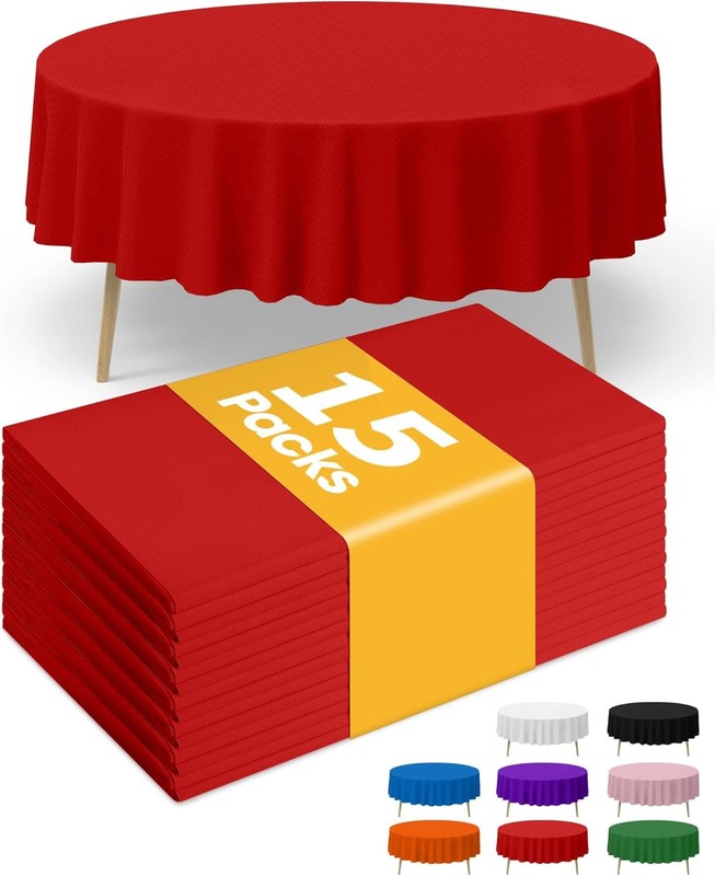 Red Plastic Table Cloth – 15 Pack 84″ Round Disposable Tablecloths for Round