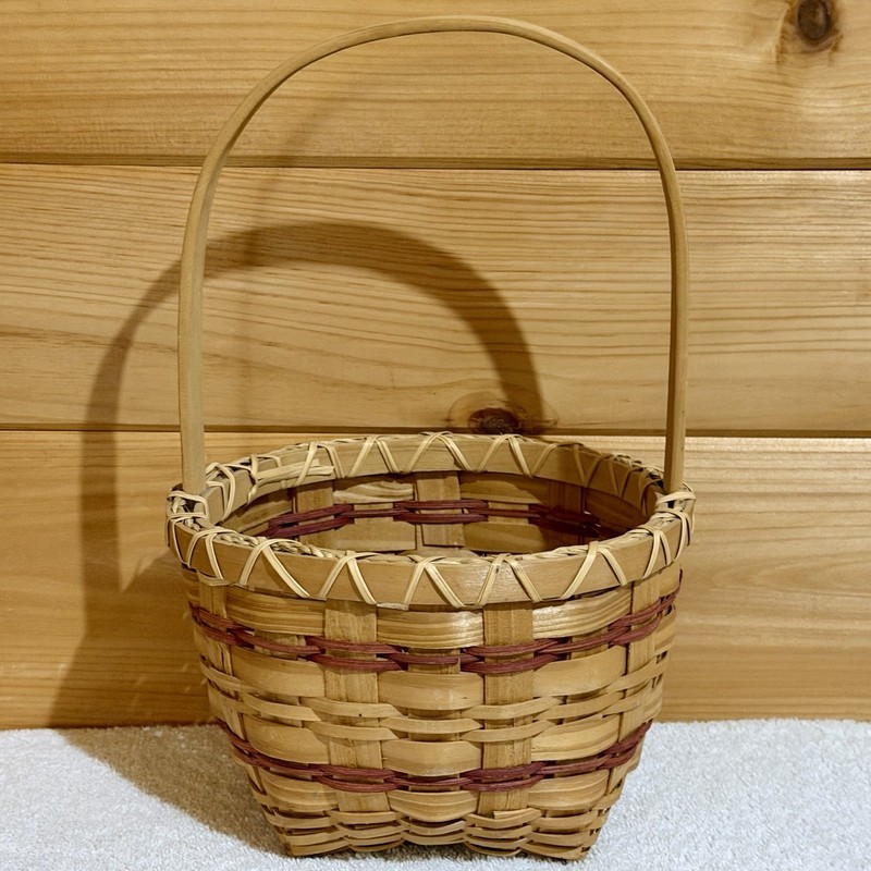 Vtg Longaberger Style Wicker&Wood 2 Tone Basket Country Handle Red Natural Round gallery