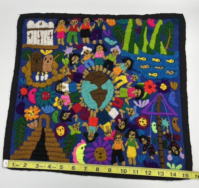 Hand Embroidered Tapestry Unknown Origin Bright and Colorful 15.5 x 15 gallery