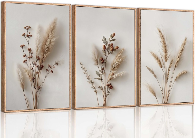 3Pcs Beige Neutral Floral Botanical Canvas Wall Art Modern Minimalist Beige F…