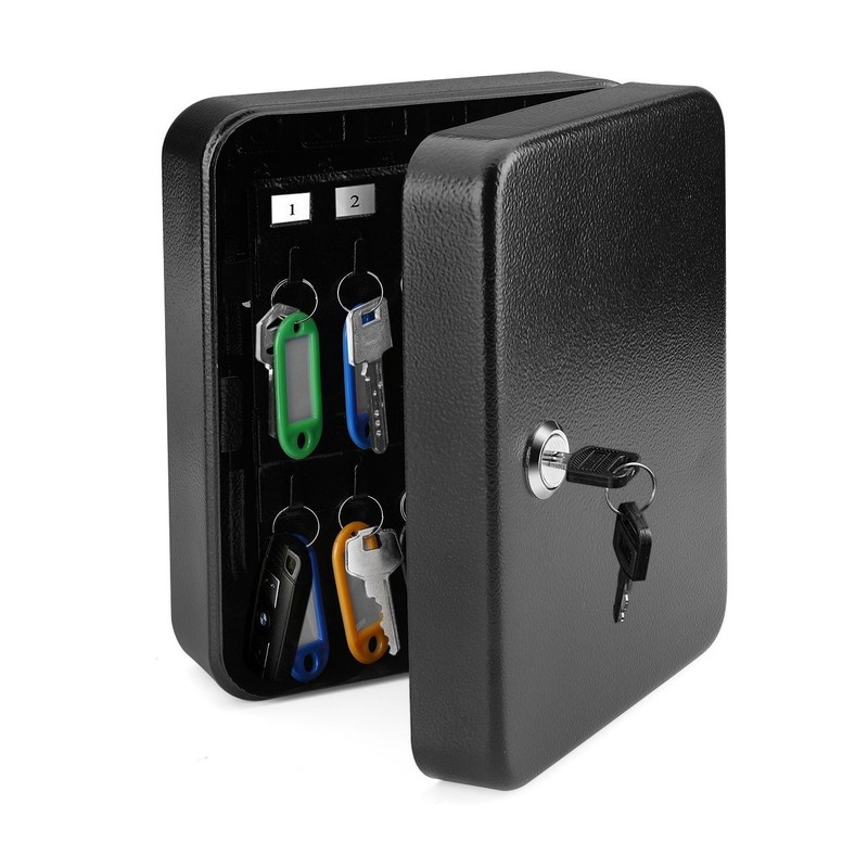 Key Cabinet Steel Lock Box with 40 capacity Colored key Tags & Hooks – (Black)