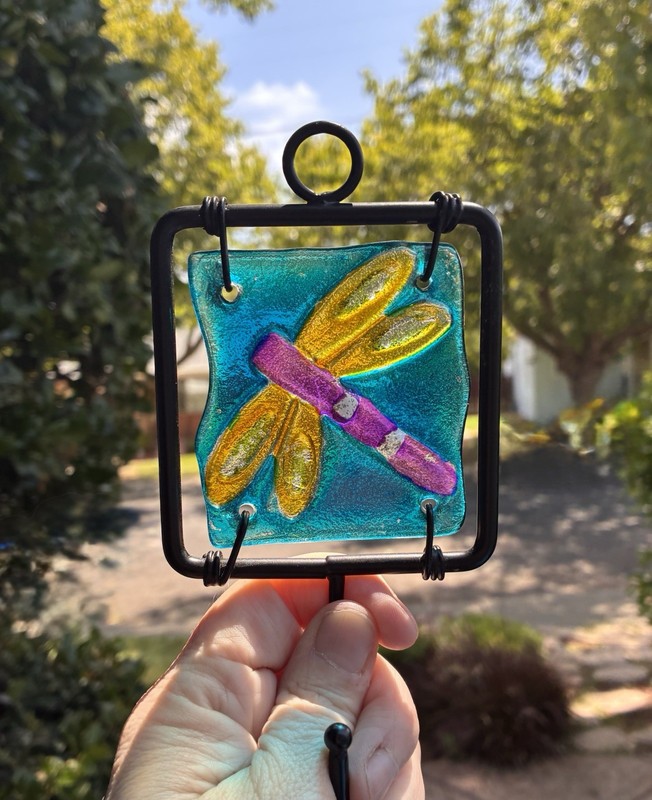 Fused Glass Dragonfly Sun Catcher Hook Iridescent Art Handmade Garden Decor