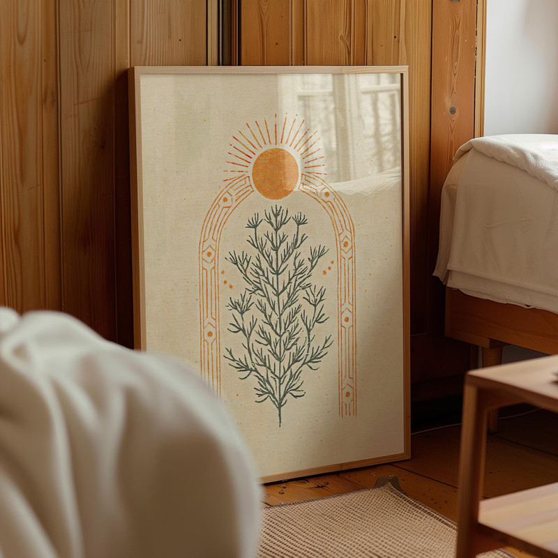 Boho Sun Plant Print Celestial Minimalist Earth Tone Wall Art