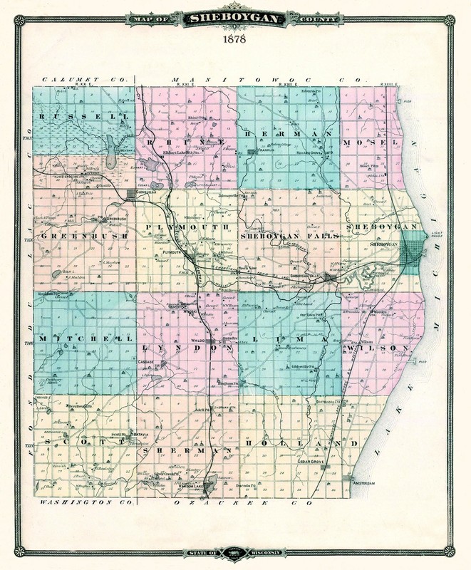 Historic County Map - Sheboygan County Wisconsin - Snyder 1878 - Vintage Wall