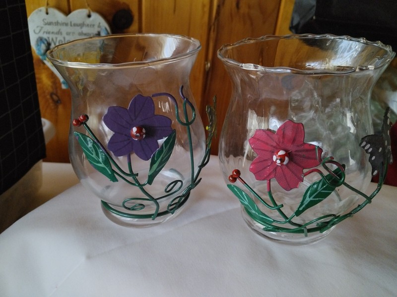 Set Of Clear Glass Vase/ Candle Holders with Metal Flower and Butterfly