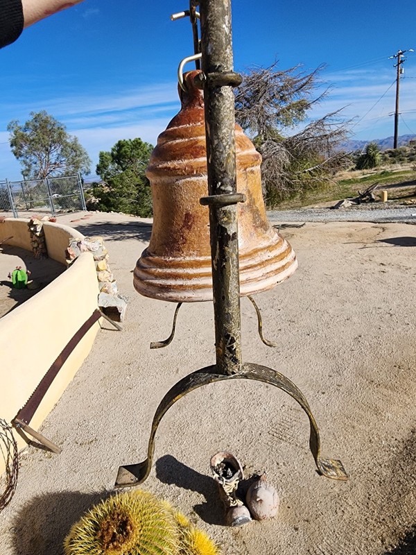 Large Rustic Clay Hanging Bell w Wrought Iron Stand Clapper Mission Southwestern gallery
