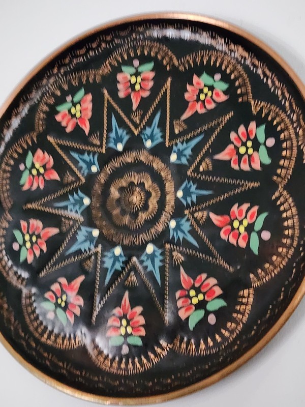 Vintage Turkish Copper Wall Plate Hand Painted Floral Black Enamel 8.5" gallery