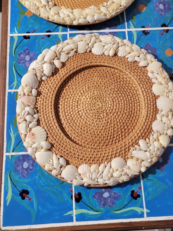 Vintage 8 Pottery Barn Sea Shell Rimmed Rattan Charger Beach Hand Woven gallery