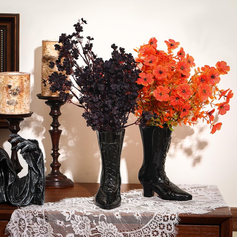 Ninehaoou 1 Pairs Halloween Flower Vase 7.1 Inch Witch Boot Vase Black Cerami…