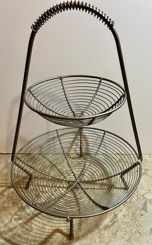 Pottery Barn Basket 2 Tier Silver Wire Fruit & Bread Countertop Display 18″ Tall
