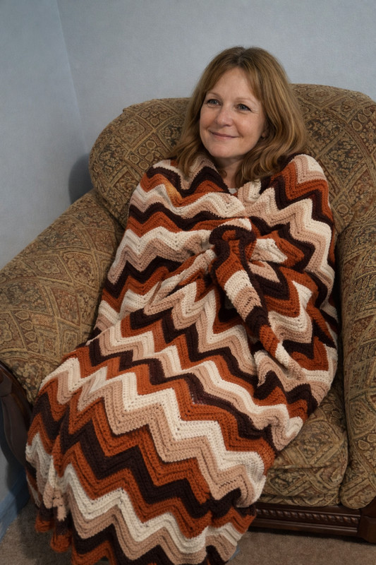 VTG Handmade Crochet Chevron Afghan 30″ x 60″ Brown Rust Cream Boho Throw OOAK