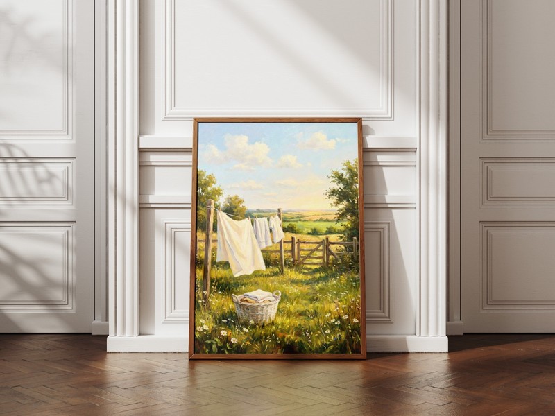 Countryside Laundry Clothesline Canvas Print, Sunny Summer Meadow Painting gallery