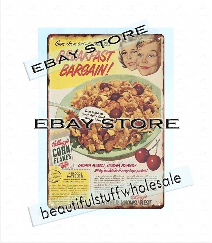 1940s kellogg’s corn flakes cereal breakfast mother knows best metal tin sign