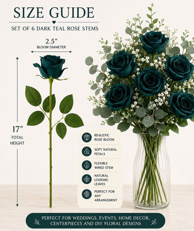 Set of 6 Dark Teal Green Artificial Rose Stems Peacock Teal Faux Roses Boho Wedd gallery