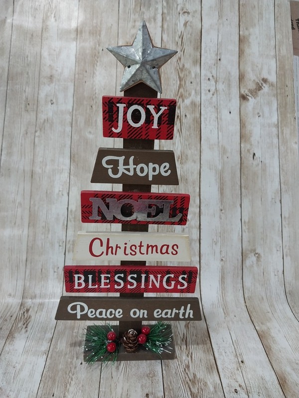 New! Christmas Tree Star Pallet Wood Sign Winter Decor Standing Hope Joy Noel