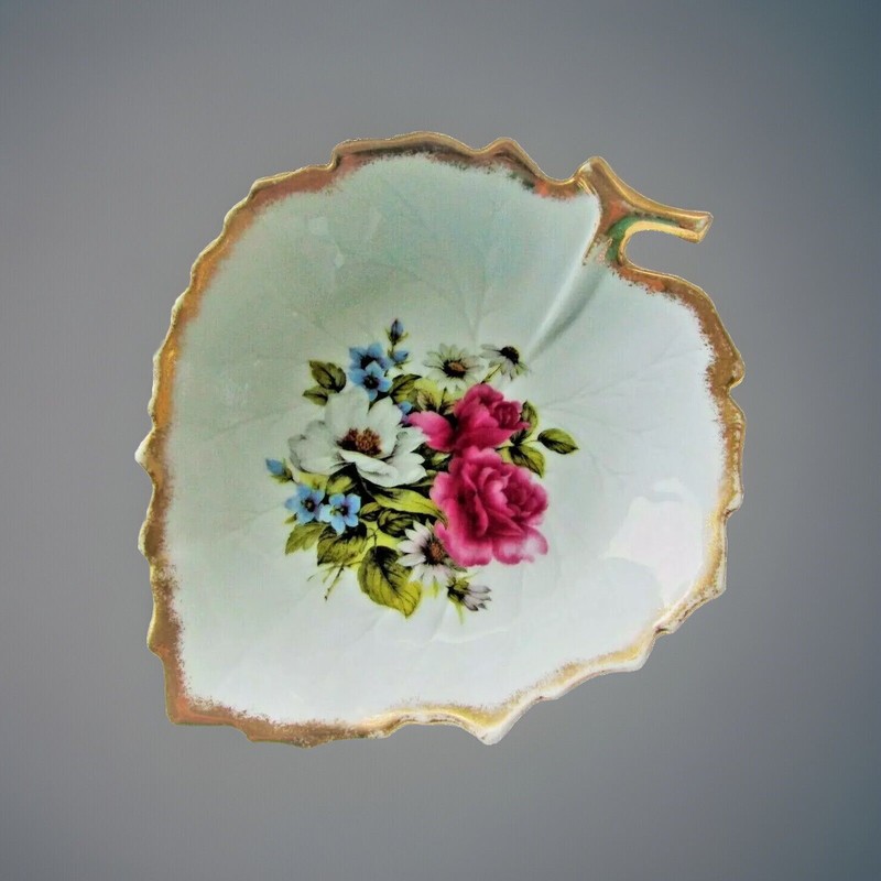 Limoges Hand Painted Flowers Porcelain 5.5” x 6.5” Leaf Dish Made in France