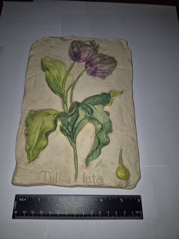 Vintage Hen Feathers Tulip Wall Plaque Bas Relief Cast Heavy Hand Painted LR36