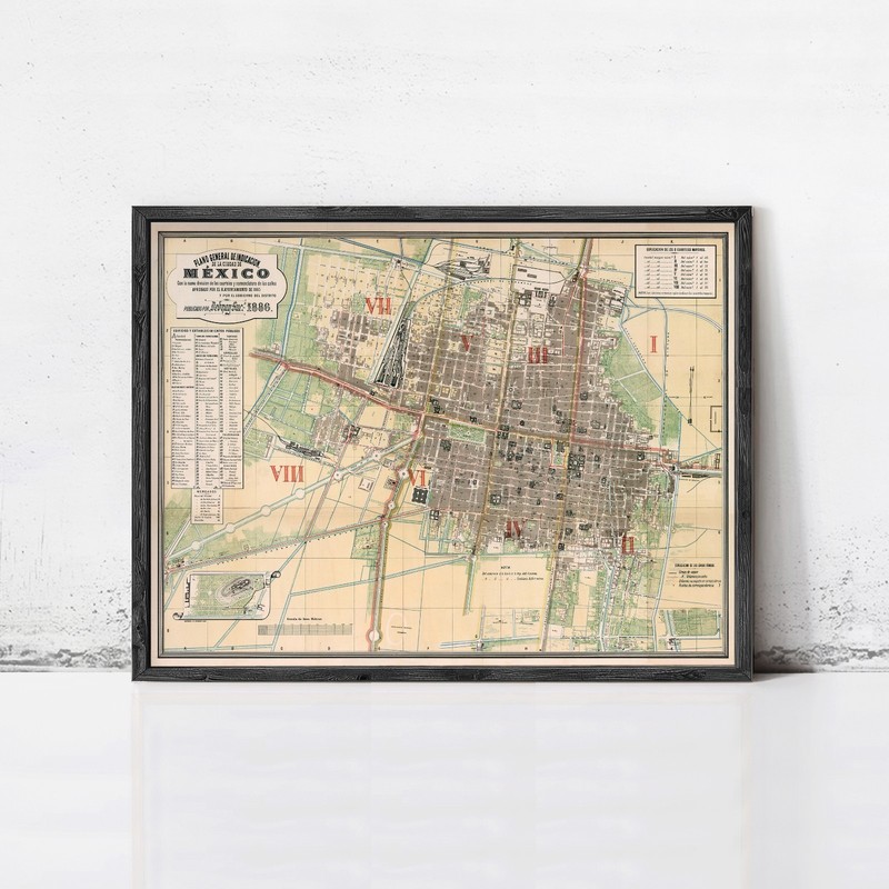 Old Map of Mexico City 1886 Vintage Map | Wall Map Print Framed