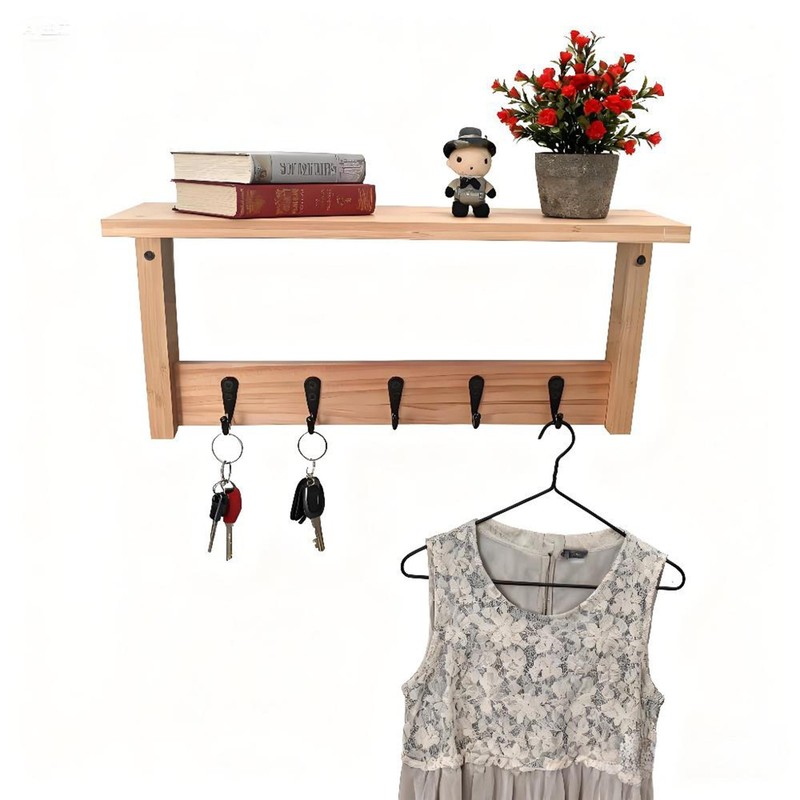 Wall Shelf with Hooks, Multi-Purpose Wooden Shelf & Metal Hooks for Home Entr…