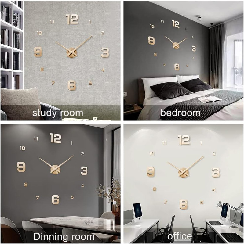 Large DIY Wall Clock Kit 3D Frameless Mirror Stickers Modern Home Office Decor G gallery