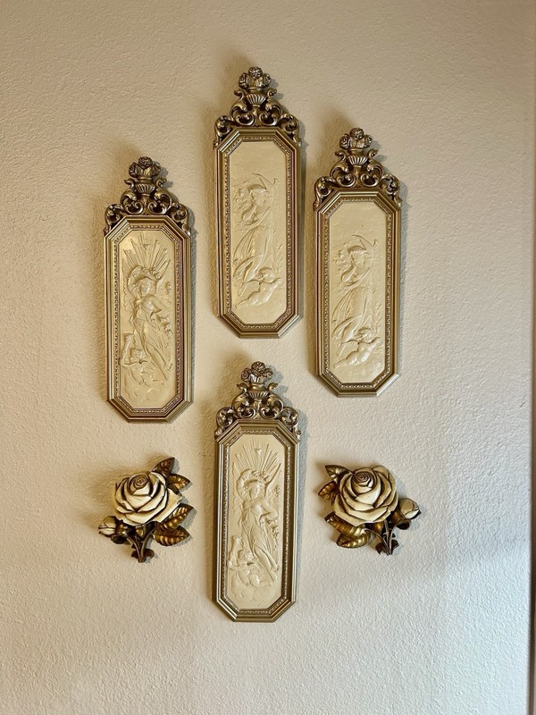 Vtg Cherubs Goddess Wall Plaques Ornate Gold Frame Roccoco Rose regency