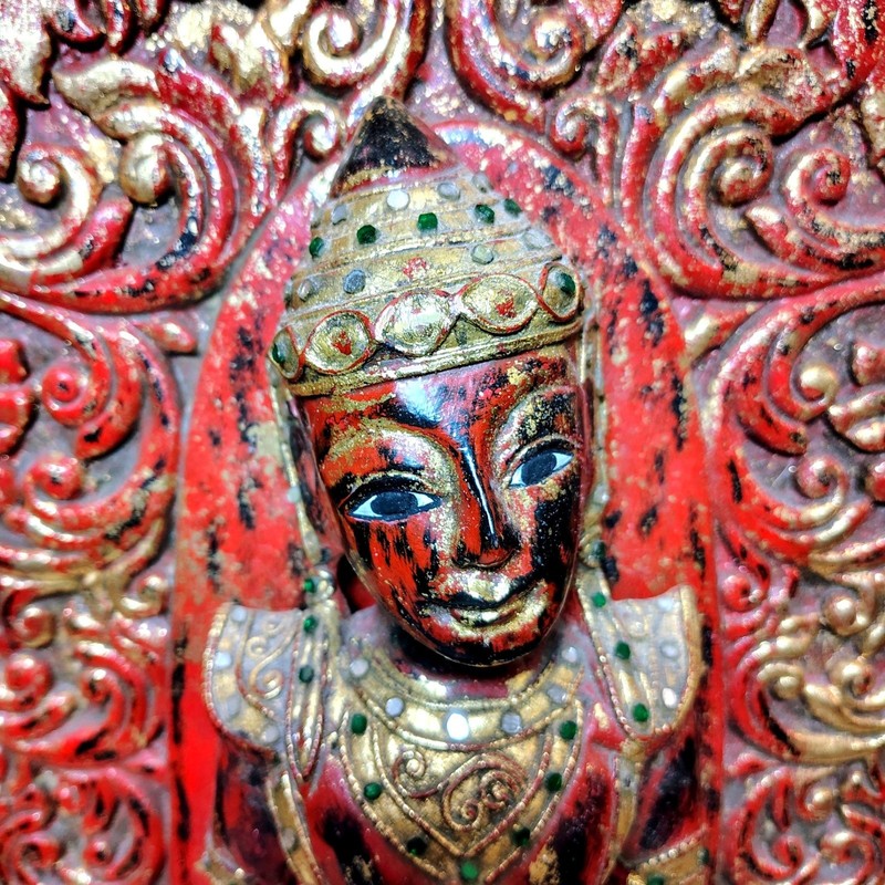 Vintage Thai Burmese Hand Carved Wood Buddha Wall Panels Set of 2 Red Gold 24x12 gallery