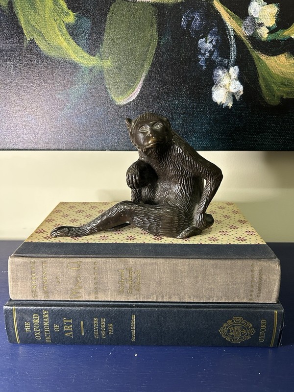 Vintage Bronze Seated Monkey Figurine Statue Dark Patina Okimono Style 4″ Tall
