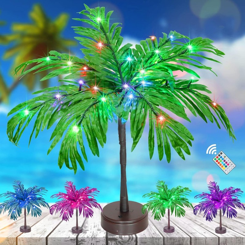 28 Color Changing Lighted Palm Tree Table Decor, 23 in Tropical Artificial Palm