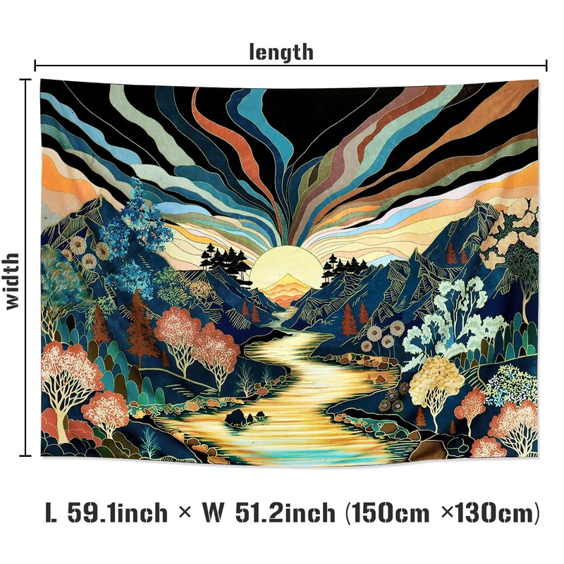 Blacklight Forest Mountain Tapestry Sun Tapestry UV Reactive Retro Landscape gallery