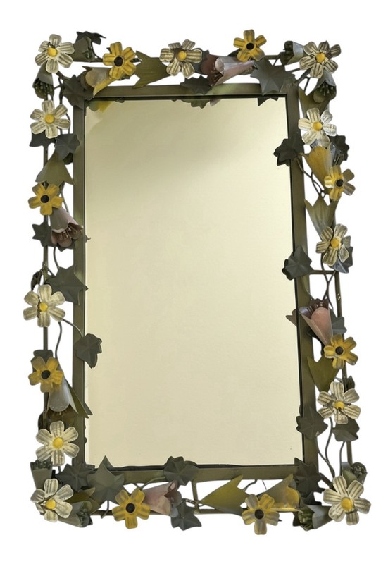 Vintage Tole Mirror Rectangular with Metal Floral and Vine Border