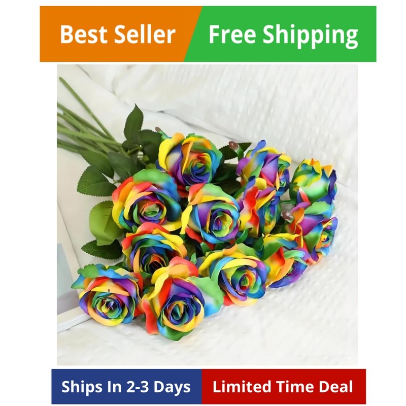 12 PCS Artificial Flowers Rainbow Roses Silk Flowers Fake Long Stem Artificia…