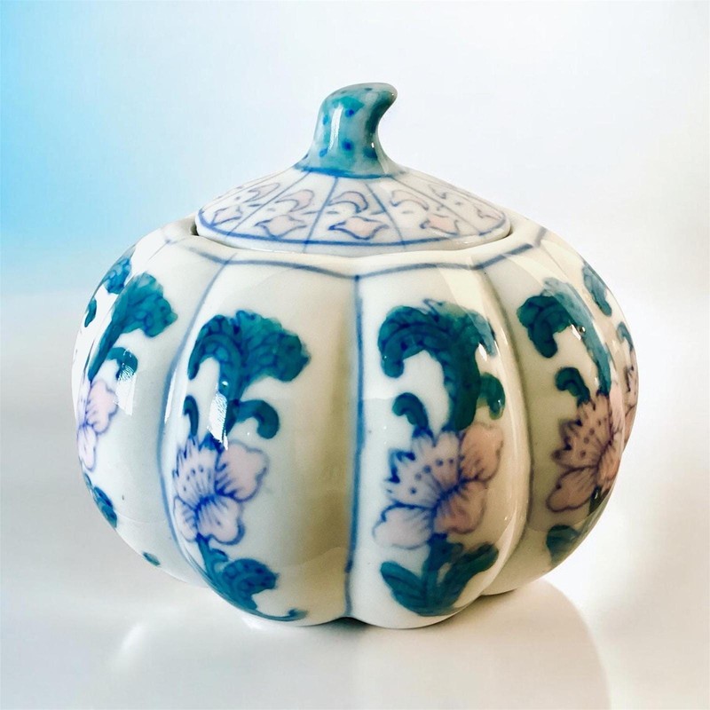 Vintage Hand Painted Porcelain Pumpkin Ginger Jar Blue Pink Floral Lidded Bowl