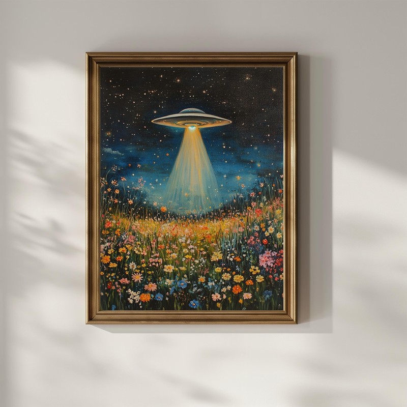 UFO Wildflowers Poster – Night Sky Floral Oil Painting Alien Wall Art