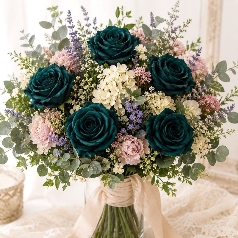 Set of 6 Dark Teal Green Artificial Rose Stems Peacock Teal Faux Roses Boho Wedd gallery