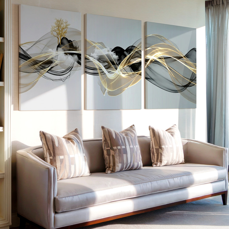 3 Pieces Modern Abstract Flowing Lines Black Gold Large Wall Art for Set Of 3 gallery