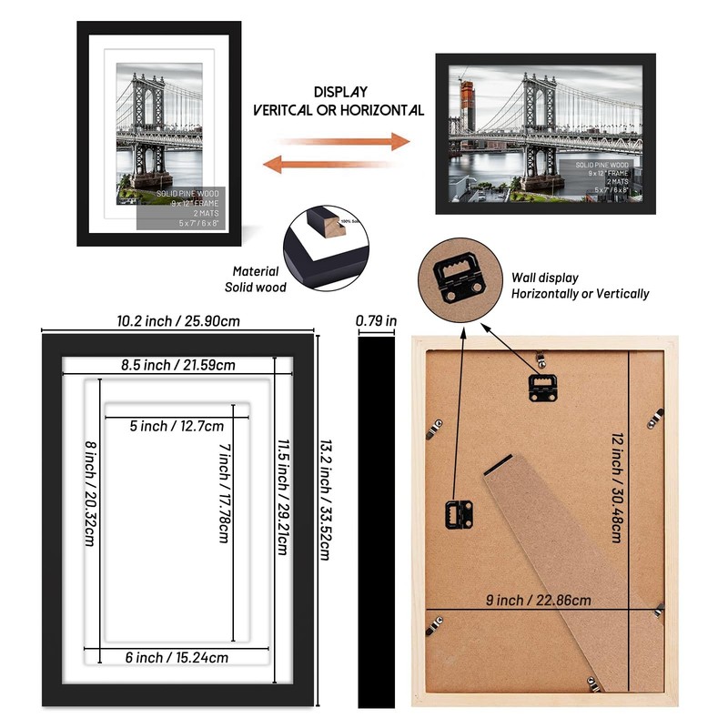 9x12 Picture Frames Solid Wood Display Pictures 6x8 or 5x7 with Mat or 9x12 F... gallery