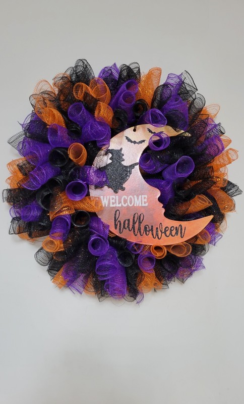 WELCOME HALLOWEEN WREATH Deco Mesh Front Door Wall Decor Decoration Black Purple