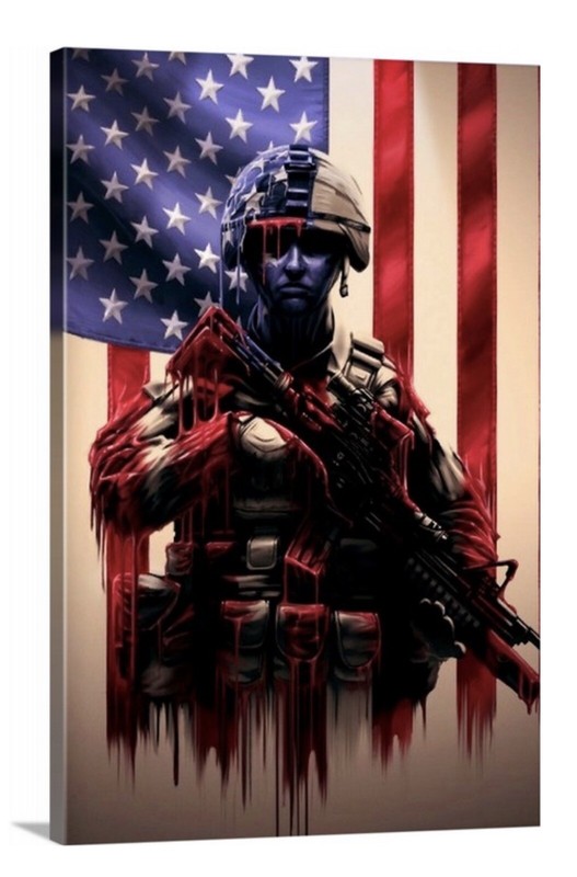 American Soldier Canvas 24×36 Patriot Flag Veteran USA America Ready To Hang!