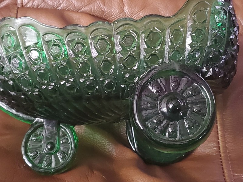 Large Deep Green Glass Daisy & Buttons Baby Carriage Candy Dish 9" X 5-1/2" X... gallery