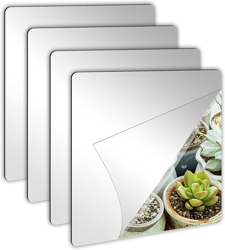 JUNEBRUSHS 4 Pack Self Adhesive Acrylic Mirror, 8 x 8 Inch Mirror Tiles,Flexi…