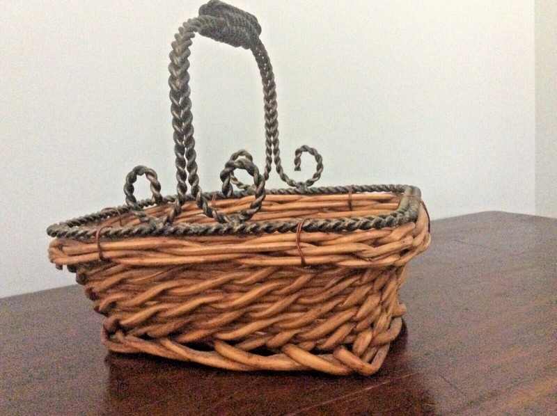 Spring farm gathering egg fruit basket wrought iron metal ornate handle rustic