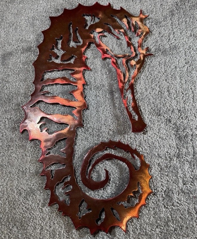 SEAHORSE Wall Decor 16” Plasma Cut Metal Red Orange Metallic Indoor/Outdoor Use